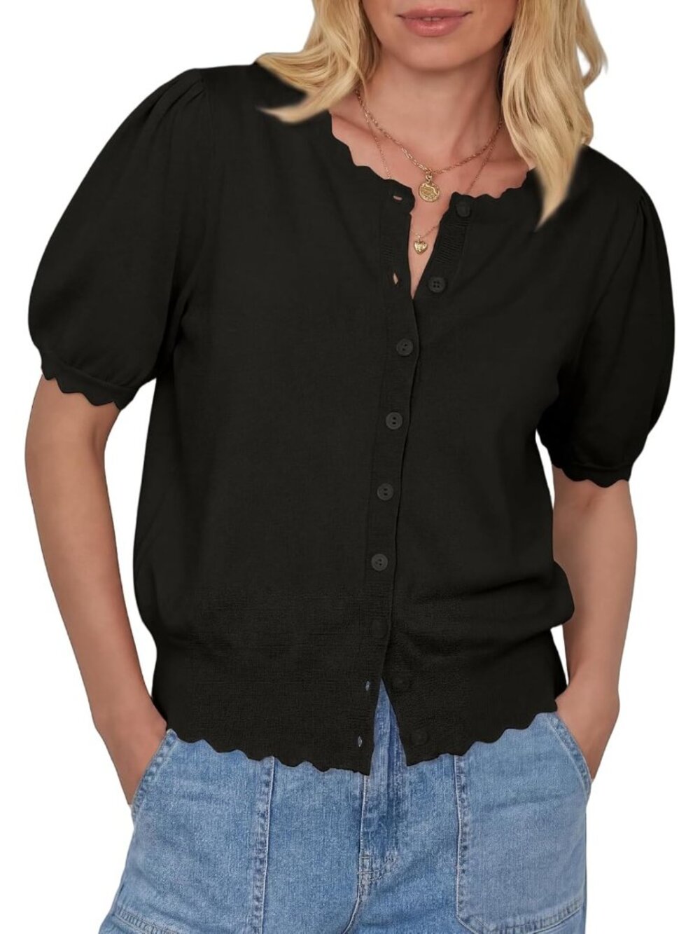 Chic Short Sleeve Cardigan Sweater with Button Up & Scalloped Puff Sleeves